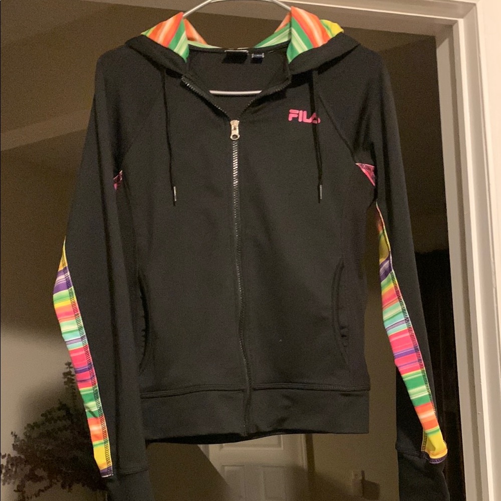 Fila Sport Black Hoodie with Multicolor Stripes in Size Small